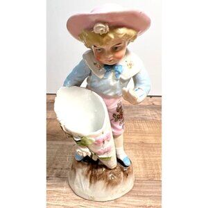 PORCELAIN GIRL HOLDING CORNUCOPIA BUD VASE FIGURINE